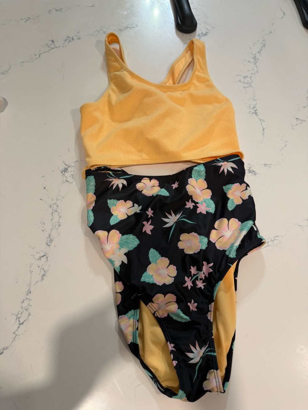 Hurley Yellow Interior Floral Trim Bathing Suit